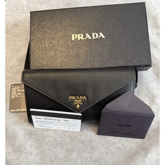 Prada Saffiano Leather Letter Continental Flap Wallet Black Authentic Card Incl - Picture 1 of 15